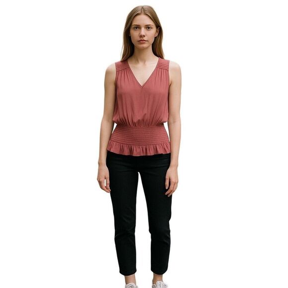 Ramy Brook Rose Sleeveless V-Neck Pleated Smocked Ruffle Hem Top Blouse Small - Picture 1 of 6